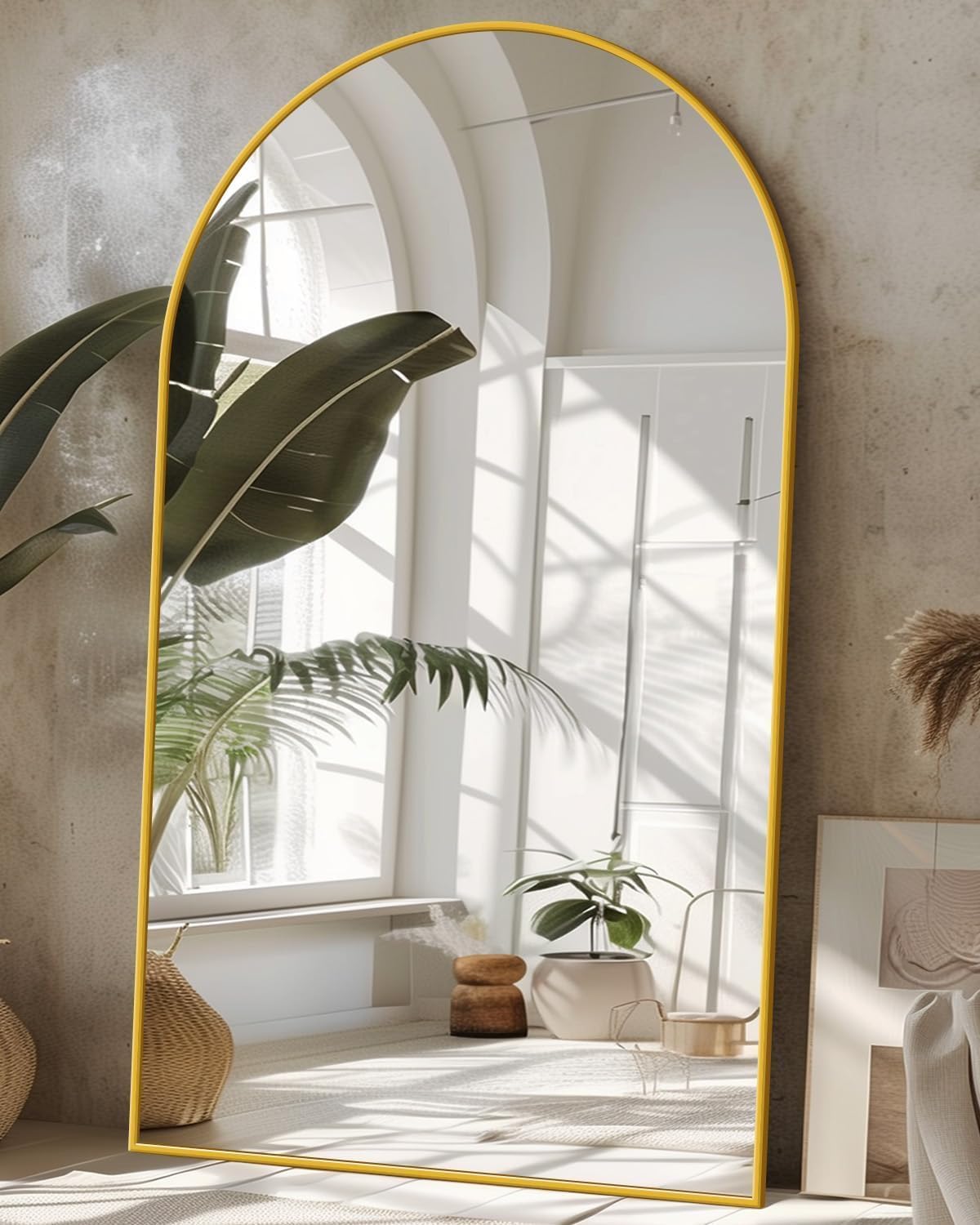 Full Length Mirror, 58"x19" Floor Mirror, Arch Floor Standing Mirror Freestanding Arch Full Body with Stand for Bedroom, Hanging Mounted for Living Room Cloakroom, Gold