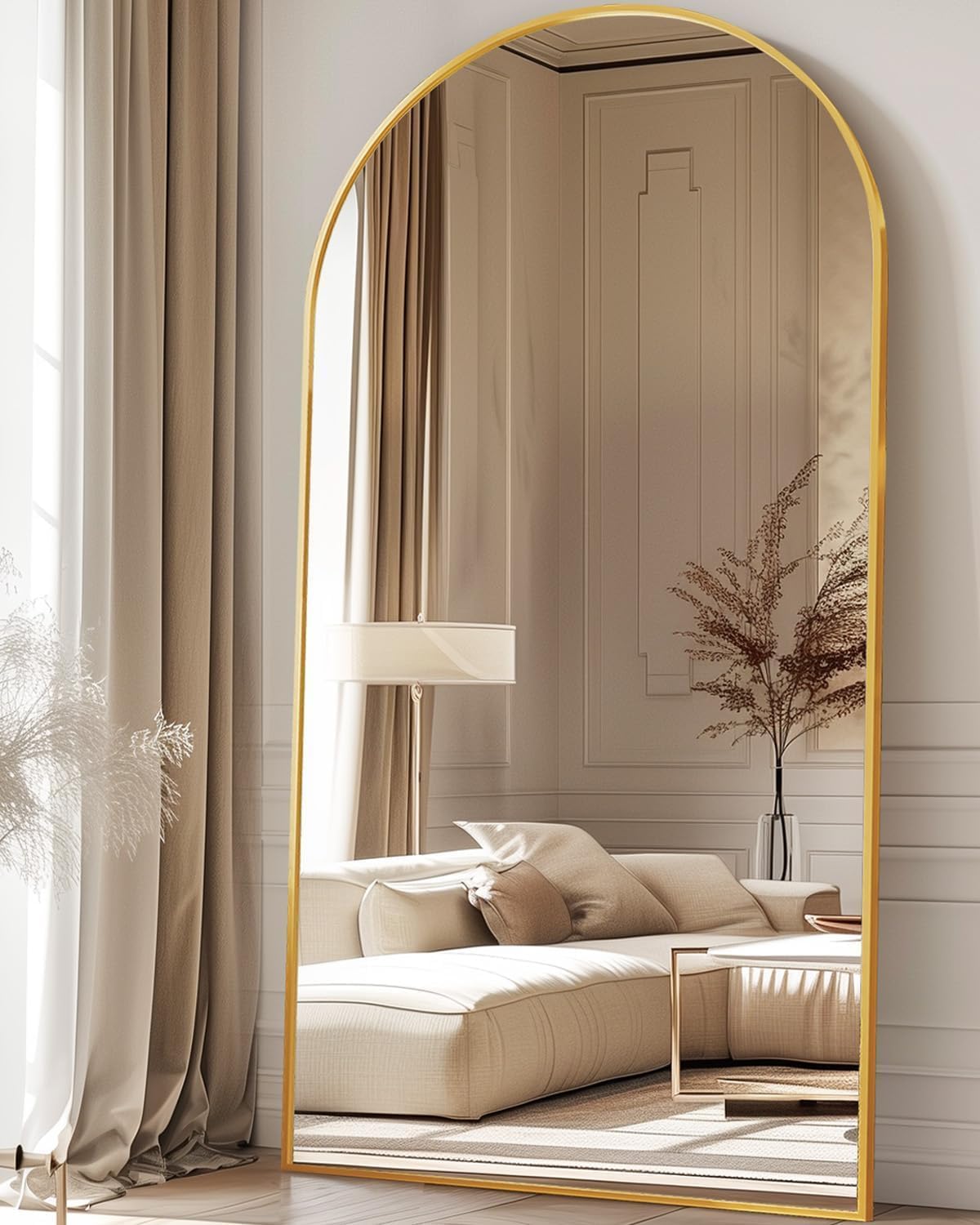 Full Length Mirror, 58"x19" Floor Mirror, Arch Floor Standing Mirror Freestanding Arch Full Body with Stand for Bedroom, Hanging Mounted for Living Room Cloakroom, Gold