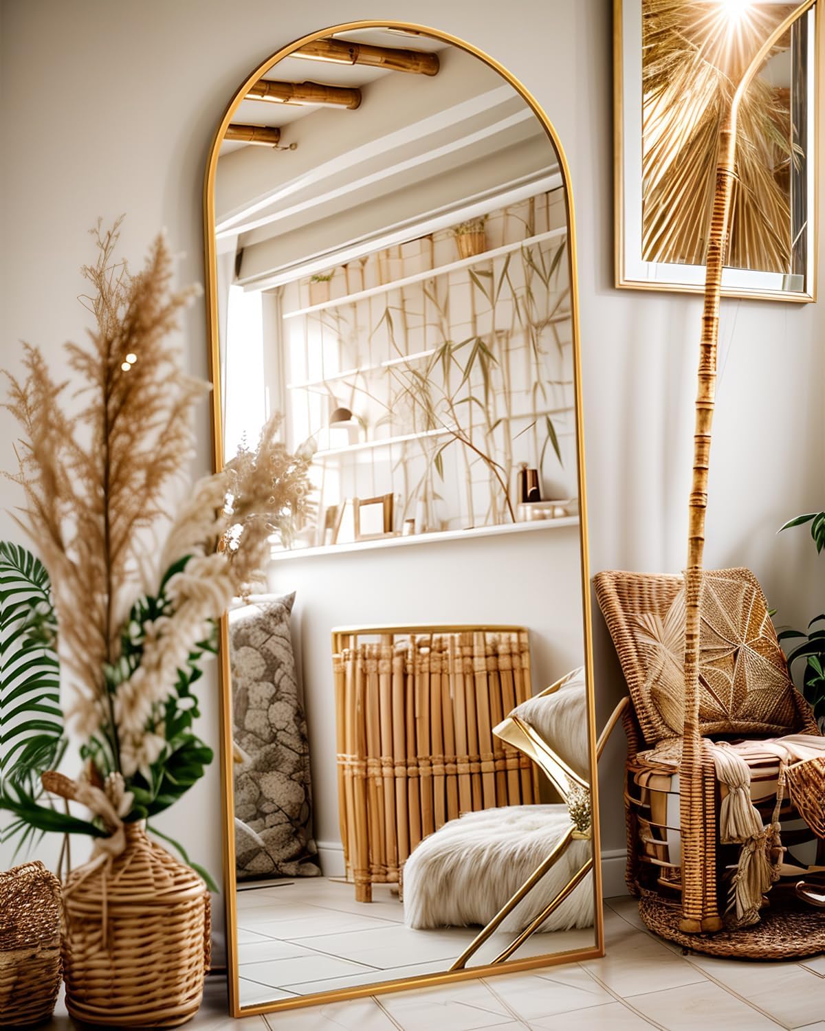 Full Length Mirror, 58"x19" Floor Mirror, Arch Floor Standing Mirror Freestanding Arch Full Body with Stand for Bedroom, Hanging Mounted for Living Room Cloakroom, Gold