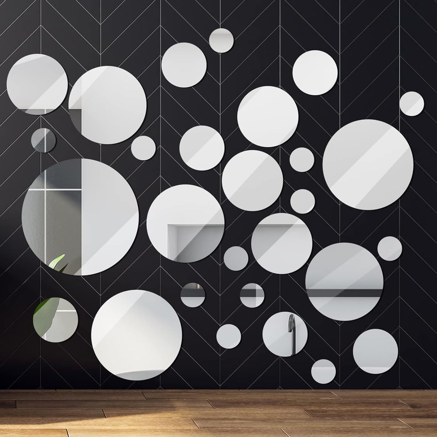 Jetec Real Glass Round Mirror Tiles Frameless Round Wall Mirrors Glass Mirror Tiles Wall-Mount Mirrors with Acrylic Double Sided Adhesive for Bedroom Bathroom Craft (28 Pcs, 1/2/3/4/5/6 Inch)