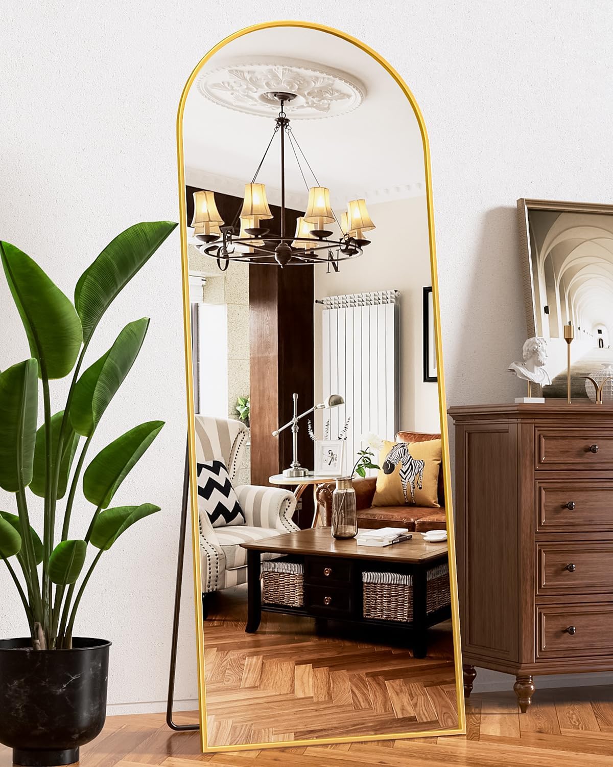 Full Length Mirror, 58"x19" Floor Mirror, Arch Floor Standing Mirror Freestanding Arch Full Body with Stand for Bedroom, Hanging Mounted for Living Room Cloakroom, Gold