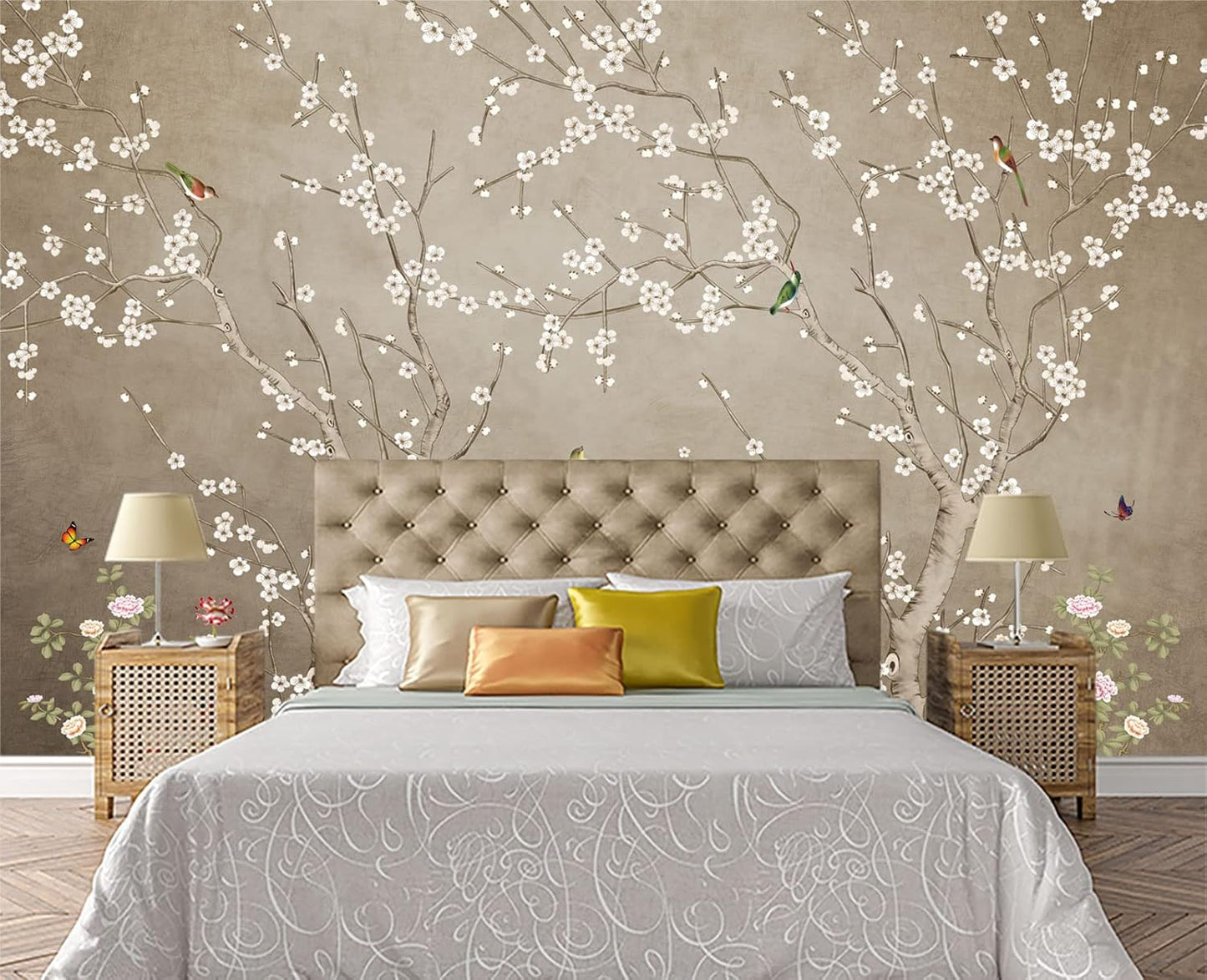 Plum Blossom Flower Bird Chinoiserie Wall Mural Wallpaper for Bedroom 103" x 69"