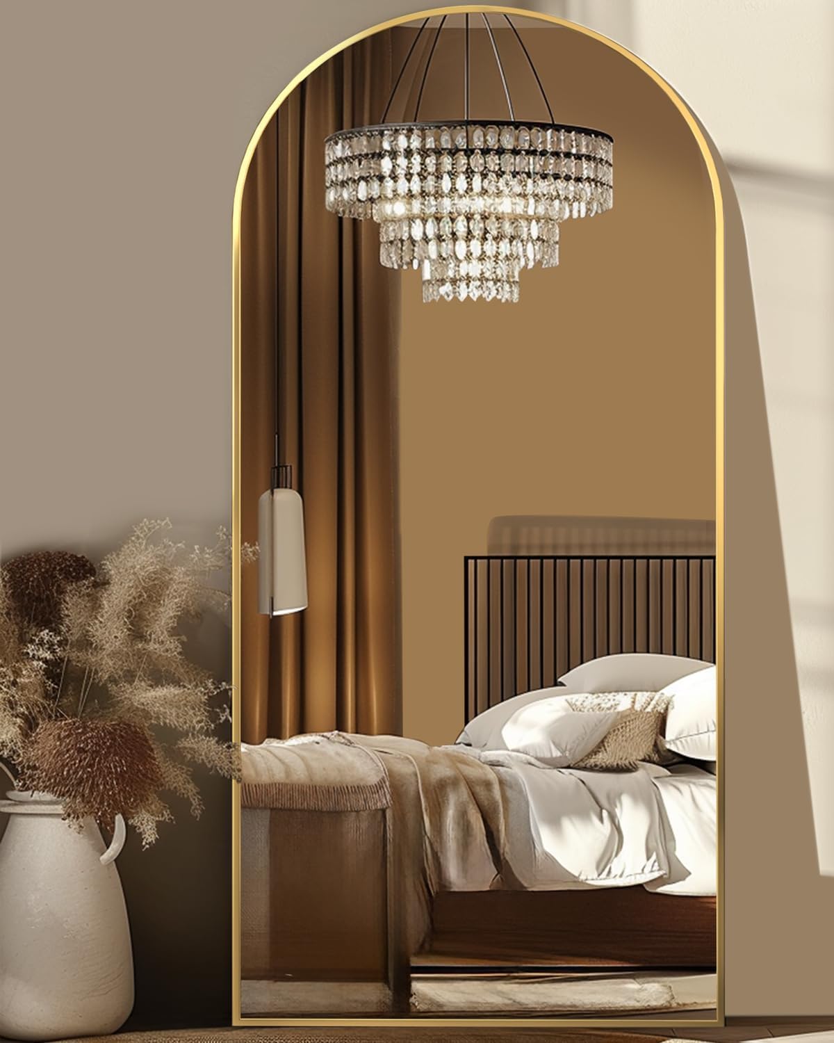 Full Length Mirror, 58"x19" Floor Mirror, Arch Floor Standing Mirror Freestanding Arch Full Body with Stand for Bedroom, Hanging Mounted for Living Room Cloakroom, Gold