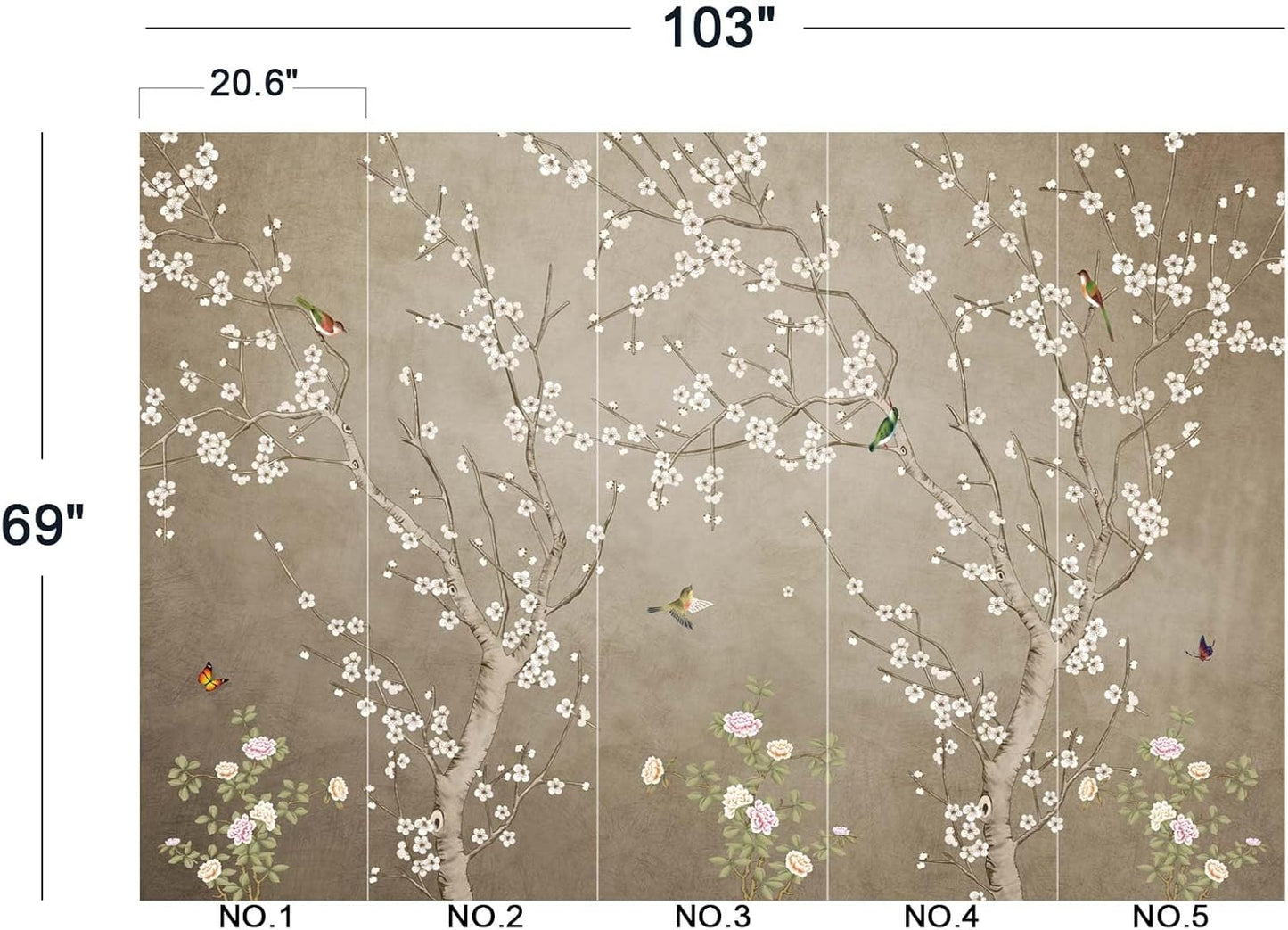 Plum Blossom Flower Bird Chinoiserie Wall Mural Wallpaper for Bedroom 103" x 69"