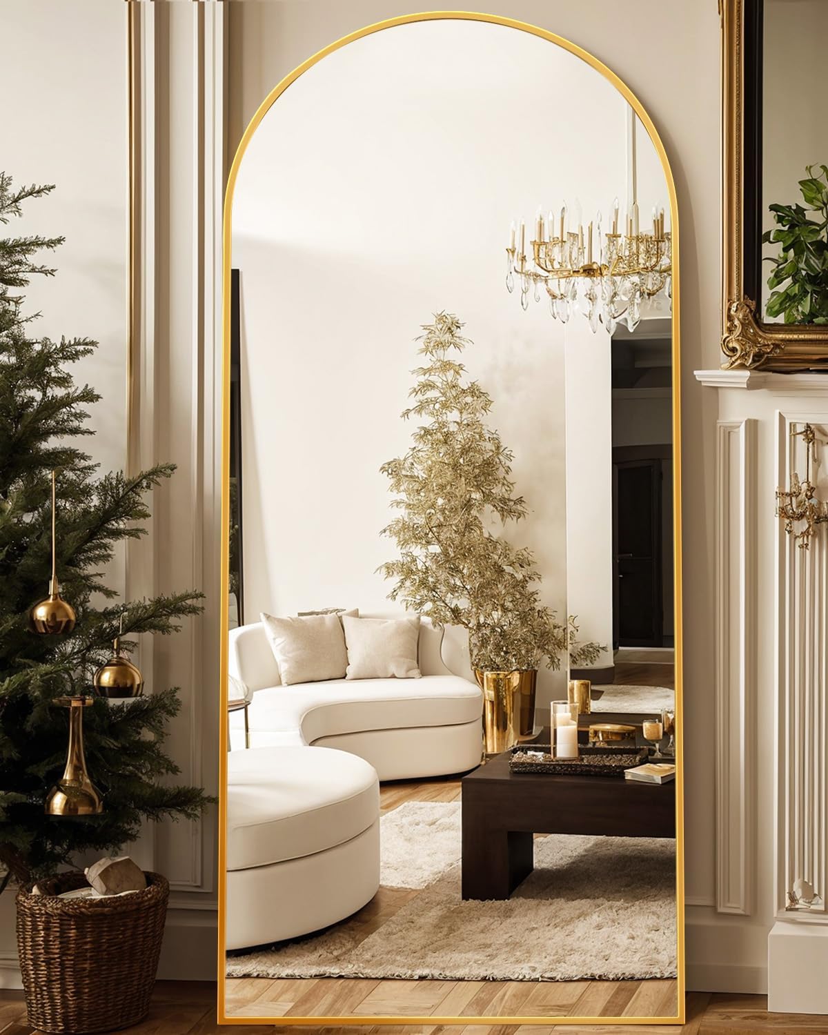 Full Length Mirror, 58"x19" Floor Mirror, Arch Floor Standing Mirror Freestanding Arch Full Body with Stand for Bedroom, Hanging Mounted for Living Room Cloakroom, Gold