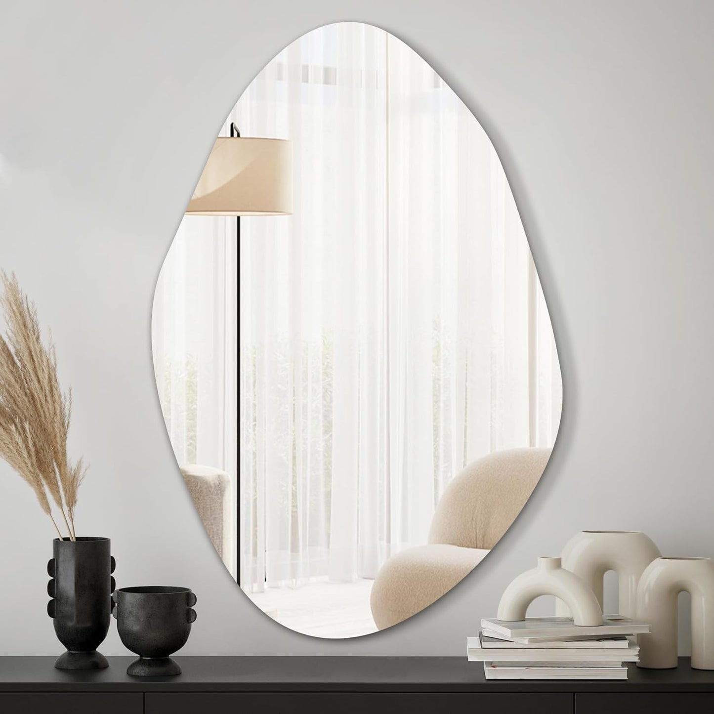 Irregular Asymmetrical Wall Mirror for Living Room Bathroom Entryway, Modern Decorative Mirror Hanging (Hook Style, 32'' x 18'')