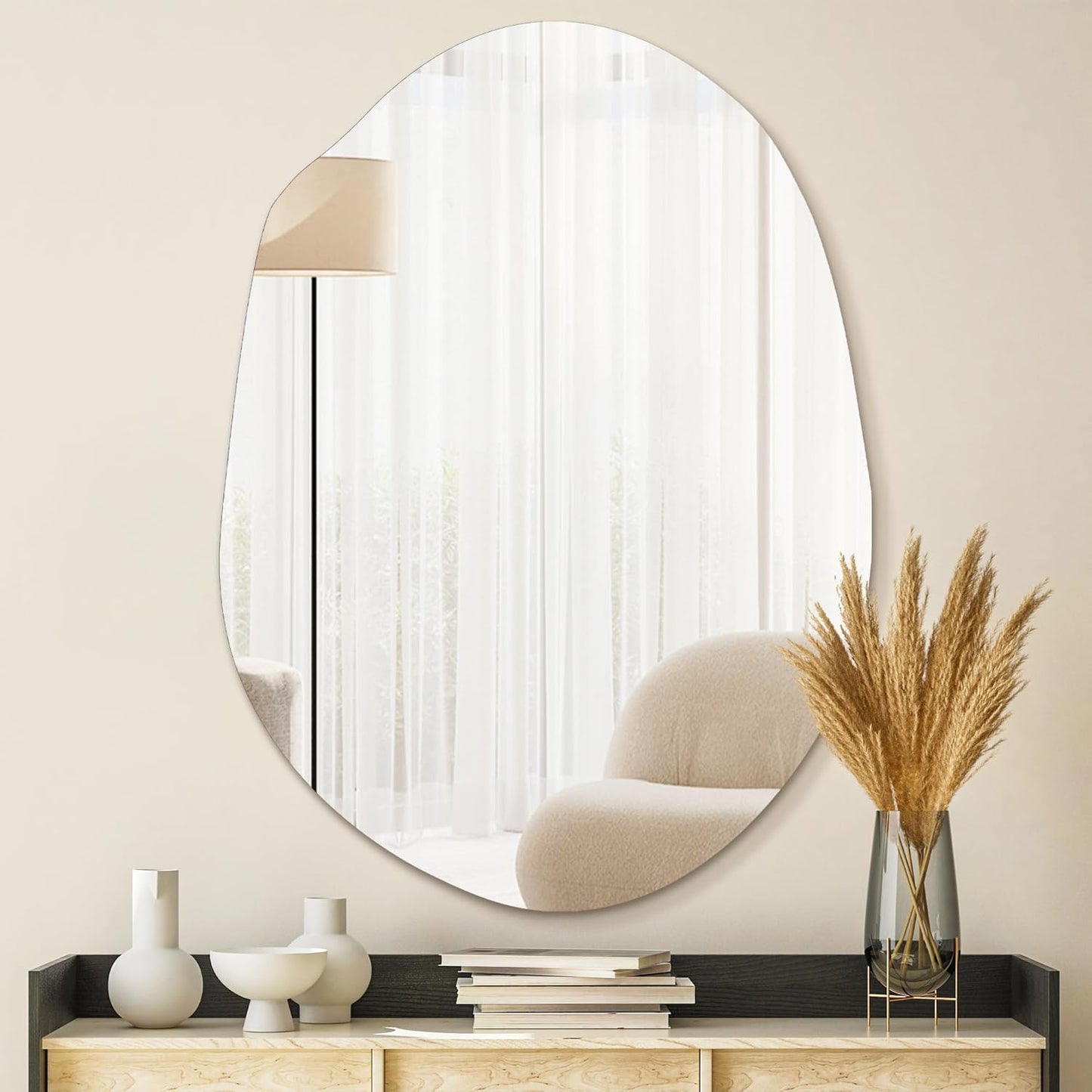 Irregular Asymmetrical Wall Mirror for Living Room Bathroom Entryway, Modern Decorative Mirror Hanging (Hook Style, 32'' x 18'')