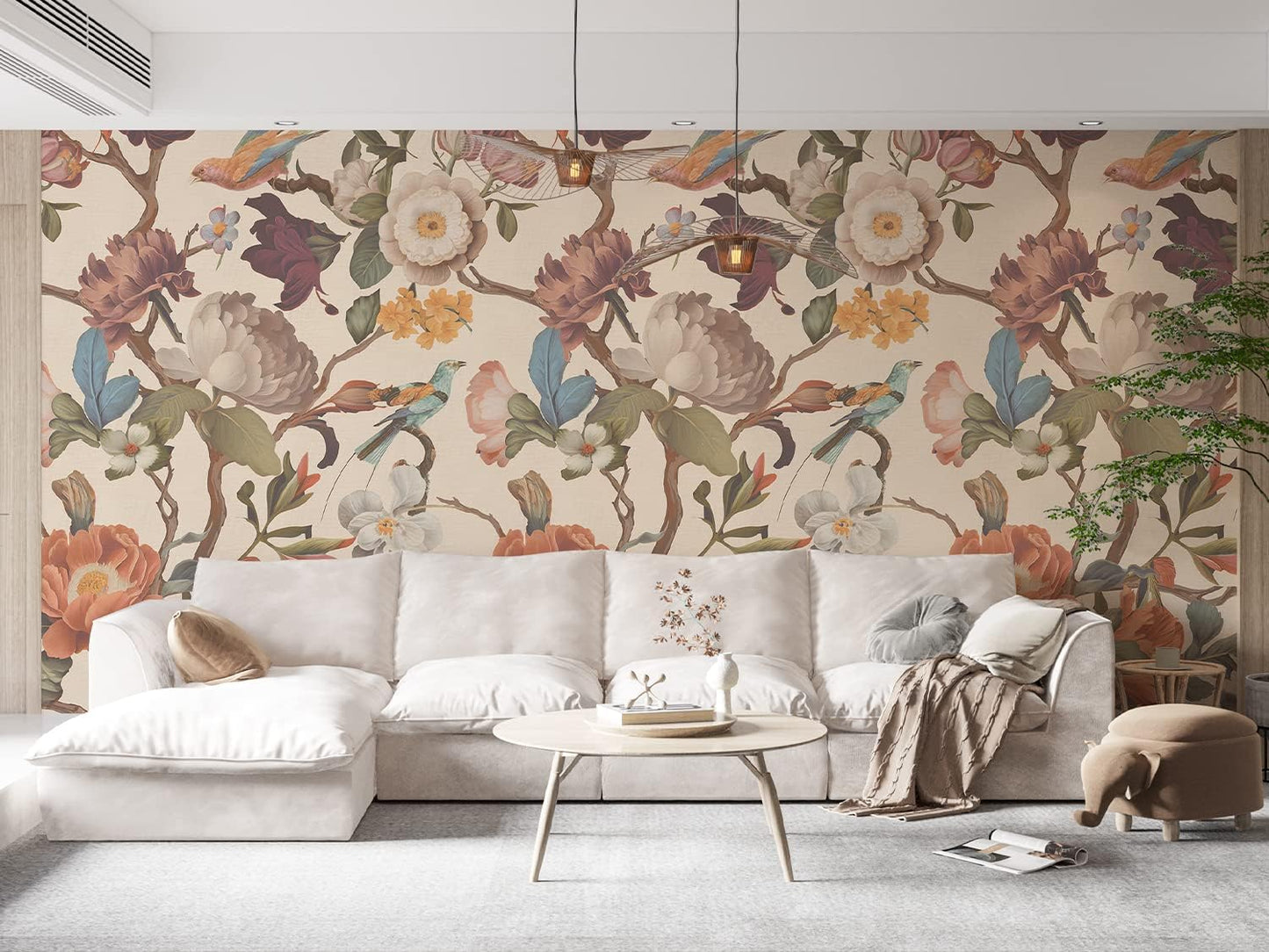 Zeeko Floral Peel and Stick Wallpaper Mural Beige Flower Wallpaper for Bedroom TV Background Large Wall Murals Wall Paintings Art Deco 98" H x 59" W (Covers 40 sq. ft.)