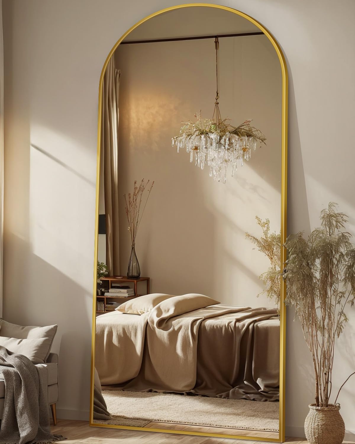 Full Length Mirror, 58"x19" Floor Mirror, Arch Floor Standing Mirror Freestanding Arch Full Body with Stand for Bedroom, Hanging Mounted for Living Room Cloakroom, Gold