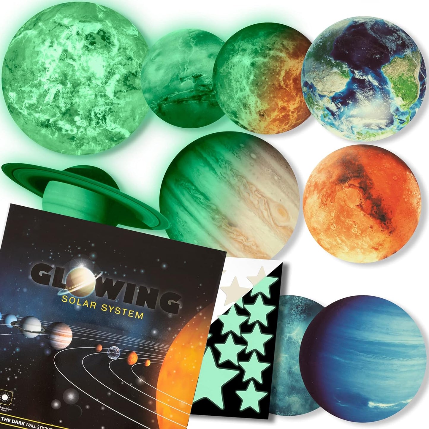 Glow in The Dark Stars and Planets, Bright Solar System Wall Stickers - USA Astronaut Spaceship, Ceiling Decals for Kids Bedroom Any Room, Shining Space Decoration, Birthday Gift for Boys and Girls