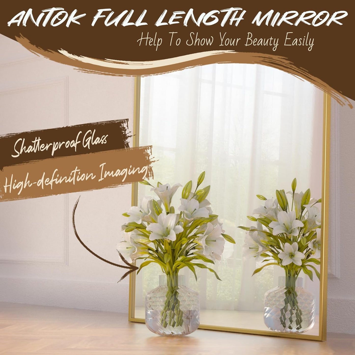 Full Length Mirror, 58"x19" Floor Mirror, Arch Floor Standing Mirror Freestanding Arch Full Body with Stand for Bedroom, Hanging Mounted for Living Room Cloakroom, Gold
