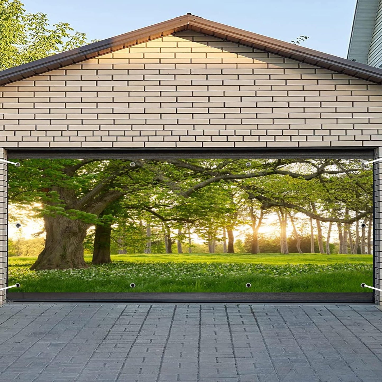 CSFOTO 7x16ft Big Tree Garage Door Banner - Spring Garden Scenery Wallpaper - Nature Park Plant Theme Outdoor Wall Decorative Mural