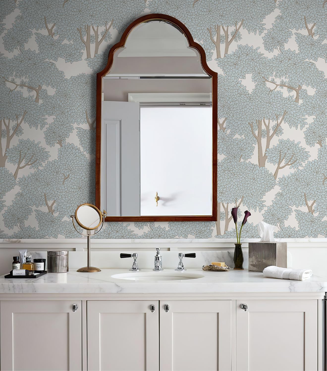 Tree Peel and Stick Forest Jungle Waterproof Bathroom Mural Stick on Wallpaper (Light, 17.7in x 32.8ft)