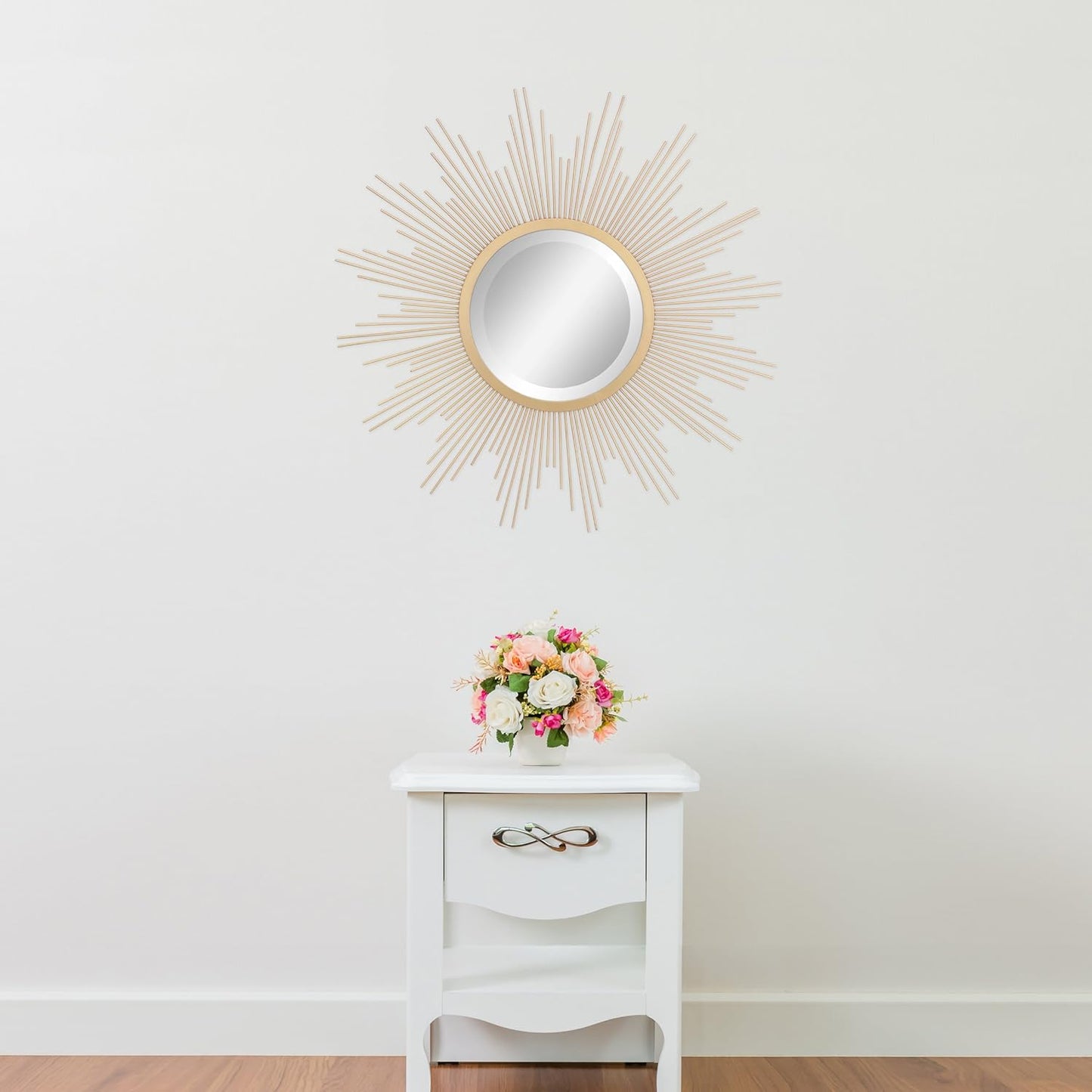 Stonebriar Round 23" Antique Gold Metal Starburst Hanging Wall Mirror with Attached Mounting Bracket, Decorative Decor for the Living Room, Bedroom, Bathroom, Hallway, and Entryway