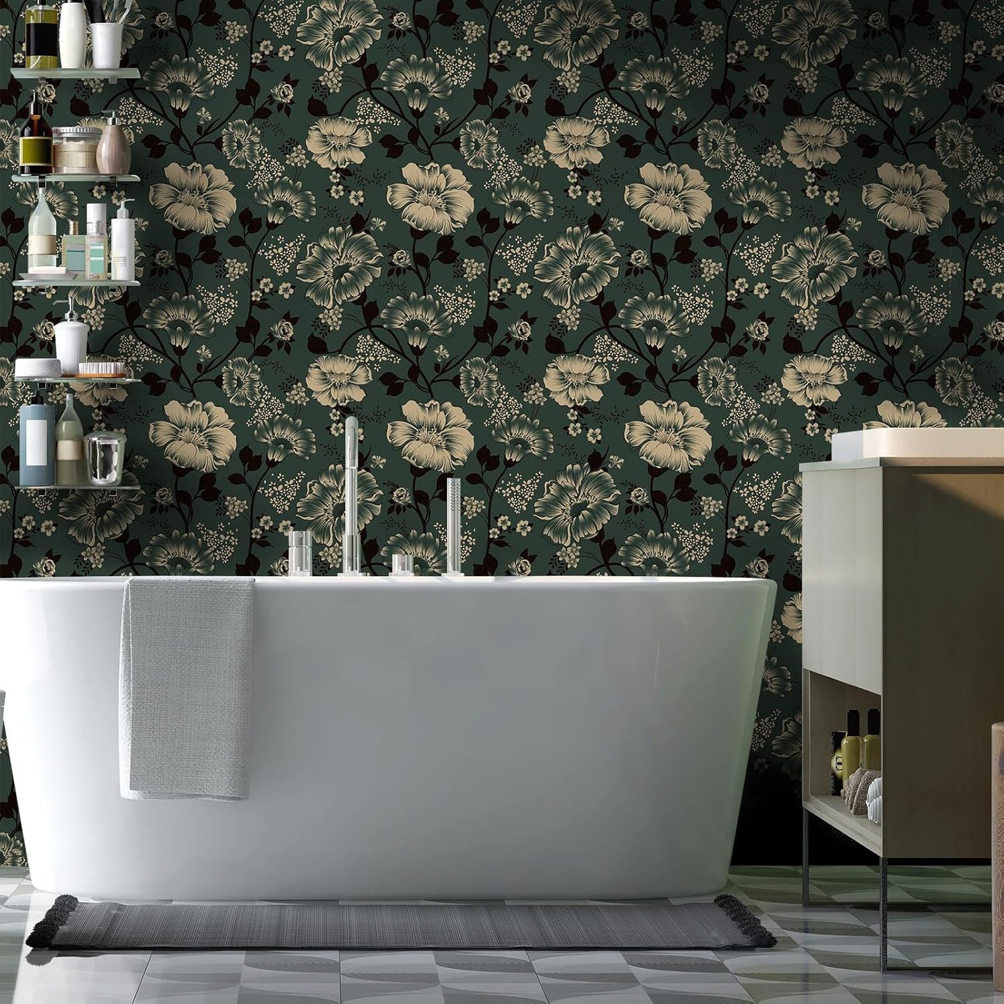 VaryStyle 17.7"x393" Dark Green Floral Peel and Stick Wallpaper Vintage Green Secret Garden Flower Stick on Wall Paper Mural Waterproof Vinyl Removable Contact Paper for Shelves Drawers Living Room