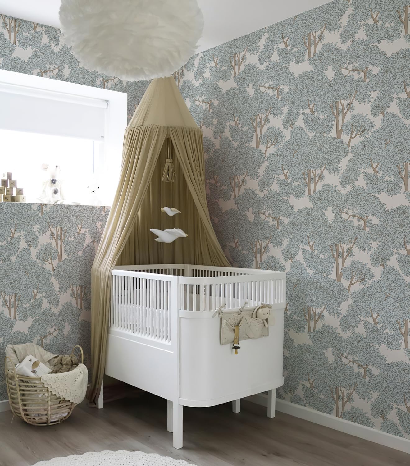 Tree Peel and Stick Forest Jungle Waterproof Bathroom Mural Stick on Wallpaper (Light, 17.7in x 32.8ft)