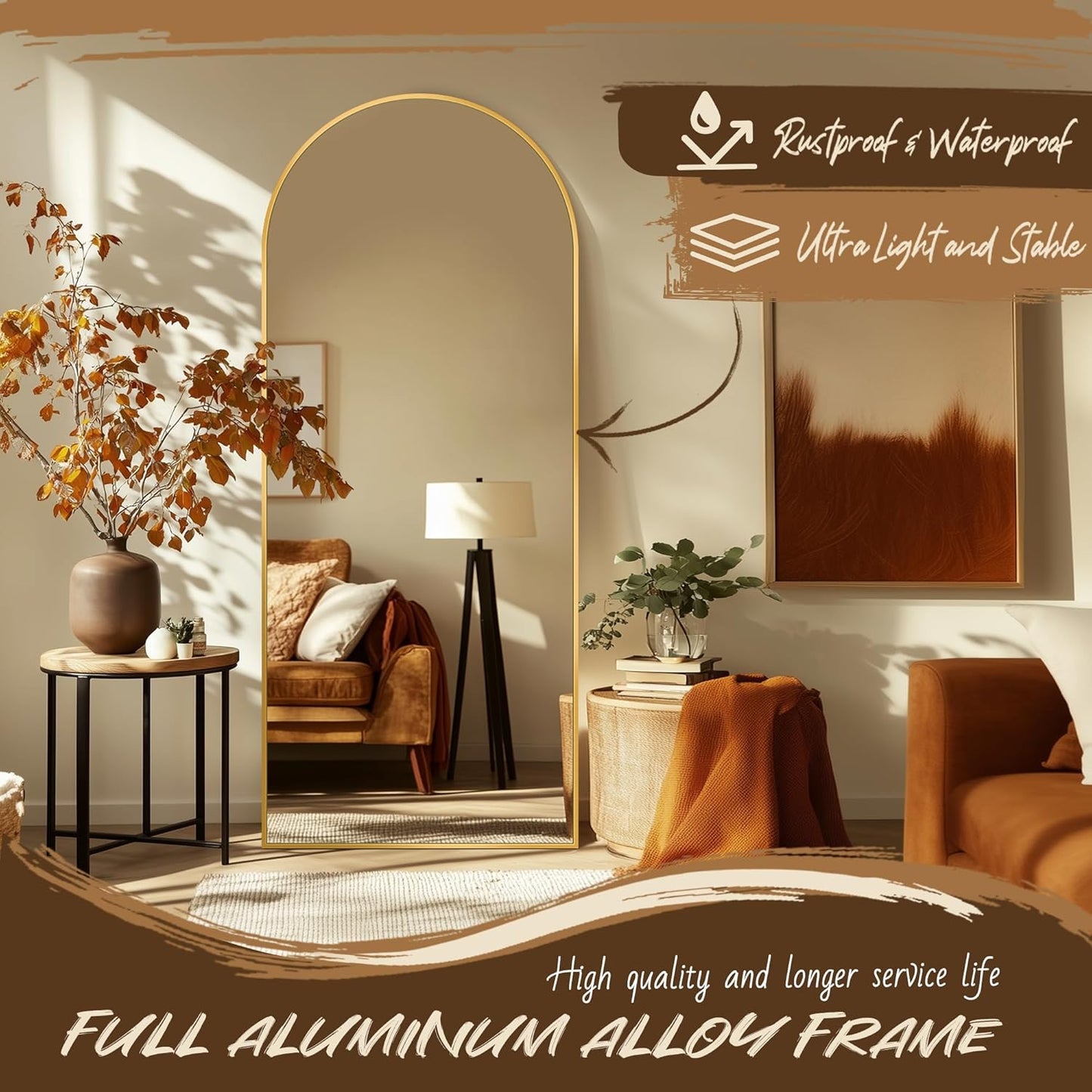 Full Length Mirror, 58"x19" Floor Mirror, Arch Floor Standing Mirror Freestanding Arch Full Body with Stand for Bedroom, Hanging Mounted for Living Room Cloakroom, Gold