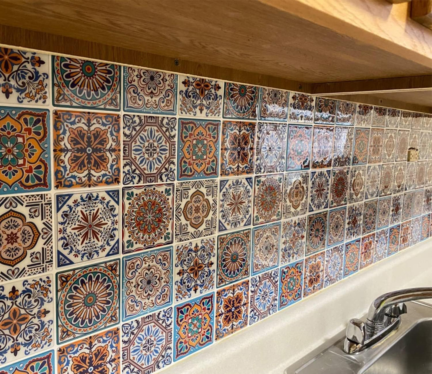 LONGKING Peel and Stick Backsplash Tile Stickers, Colorful Talavera Mexican Tile, Stick on Wall Tiles (10 Sheets)