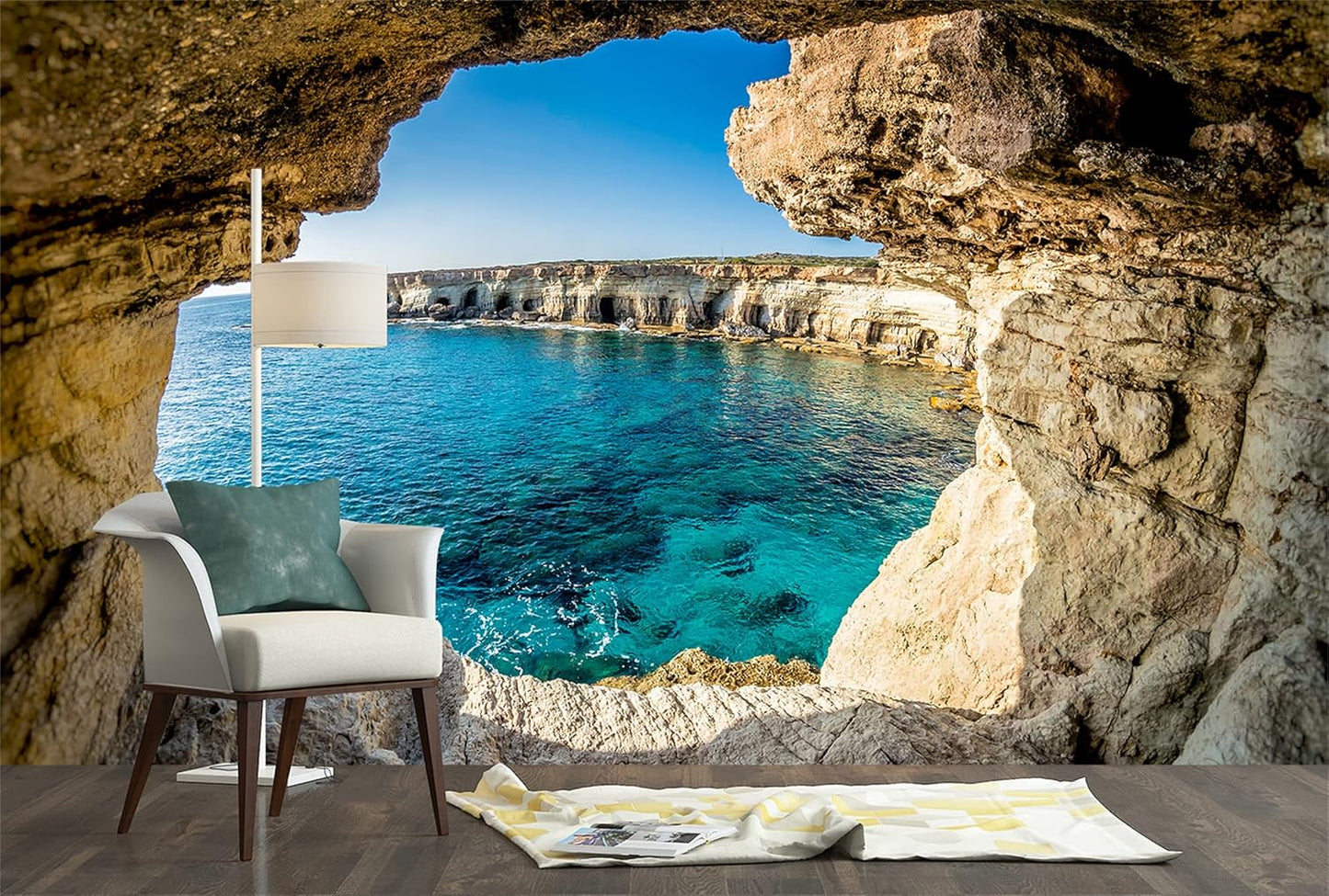 FLFK 3D Wall Murals Peel and Stick 141.7"x98.4"- Self-Adhesive Wallpaper Large Poster Sticker Sea Caves Landscape for Bedroom Living Room Wall Decor