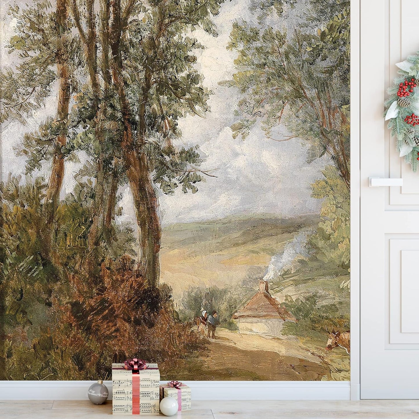IDEA4WALL Removable Wall Sticker/Wall Mural Pastel Scenic Forest Tree Valley Nature Wilderness Illustrations Fine Art Farmhouse/Country Landscape Rustic for Living Room, Bedroom, Office - 66"x96"