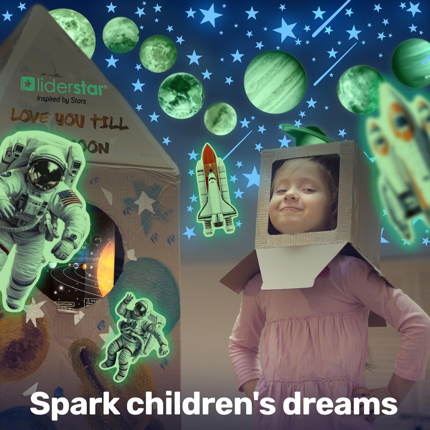 Glow in The Dark Stars and Planets, Bright Solar System Wall Stickers - USA Astronaut Spaceship, Ceiling Decals for Kids Bedroom Any Room, Shining Space Decoration, Birthday Gift for Boys and Girls