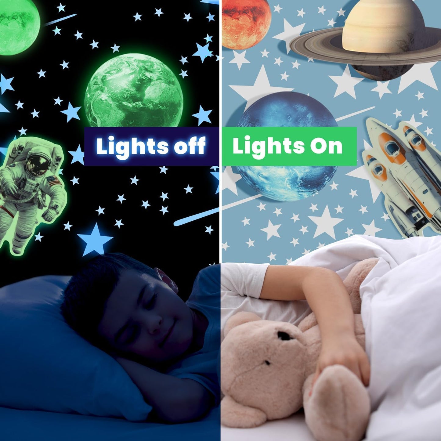Glow in The Dark Stars and Planets, Bright Solar System Wall Stickers - USA Astronaut Spaceship, Ceiling Decals for Kids Bedroom Any Room, Shining Space Decoration, Birthday Gift for Boys and Girls