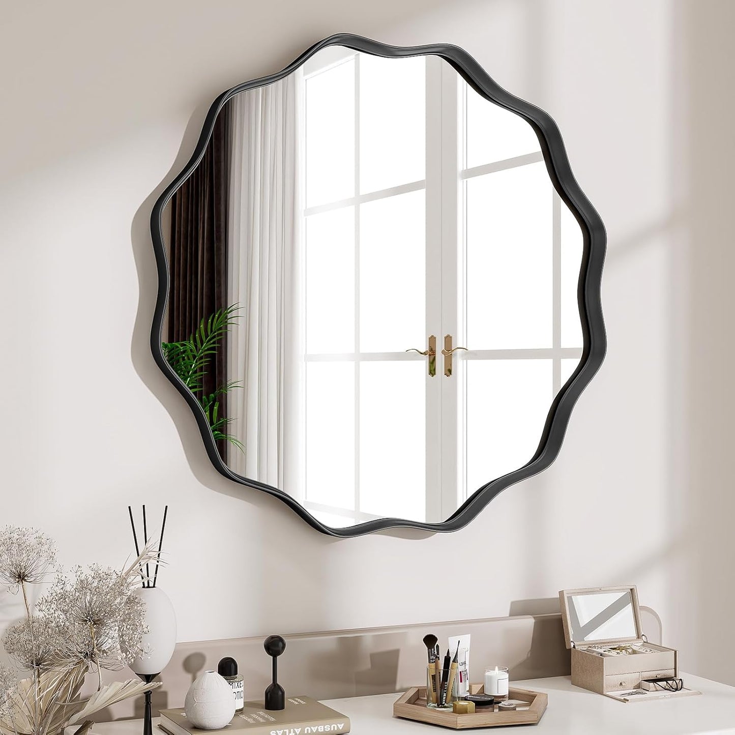 Round Wavy Mirror, 30 Inch Metal Frame Circle Mirror, Round Wall Mounted for Entryway, Bathroom, Vanity, Living Room, Black