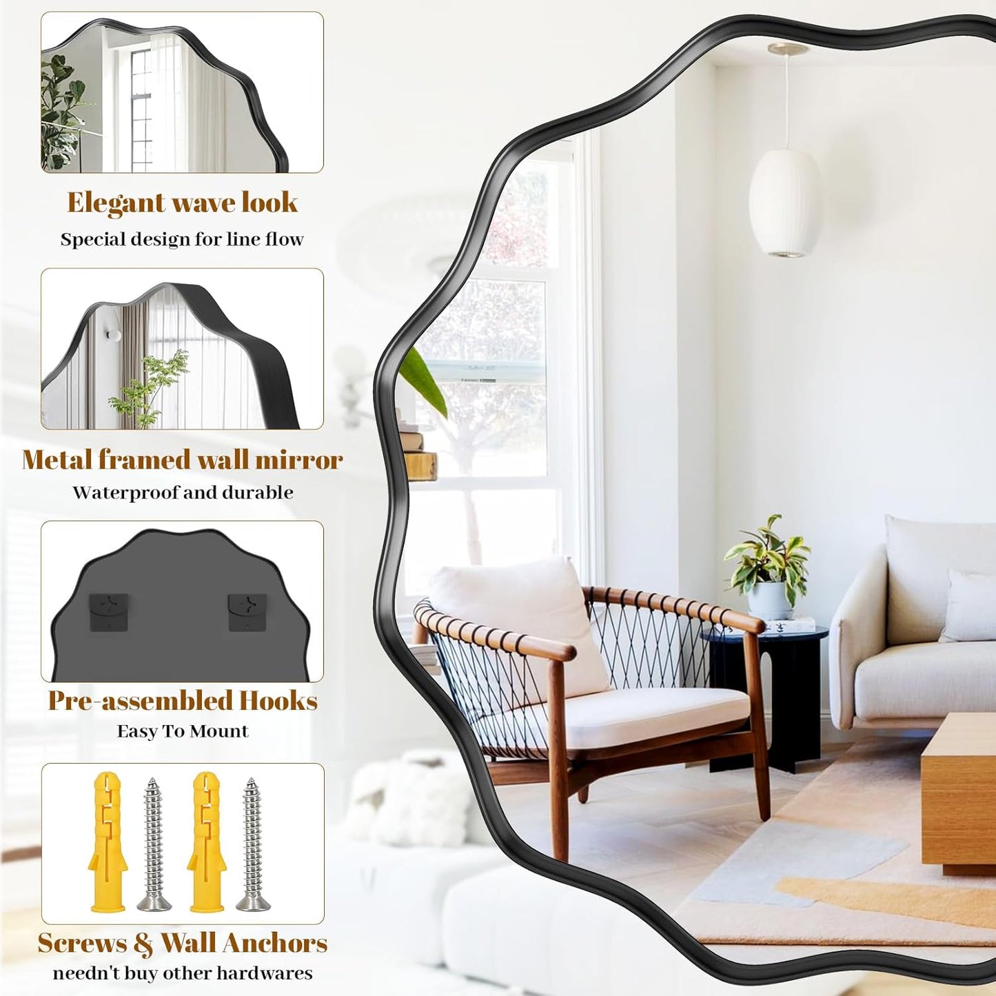 Round Wavy Mirror, 30 Inch Metal Frame Circle Mirror, Round Wall Mounted for Entryway, Bathroom, Vanity, Living Room, Black