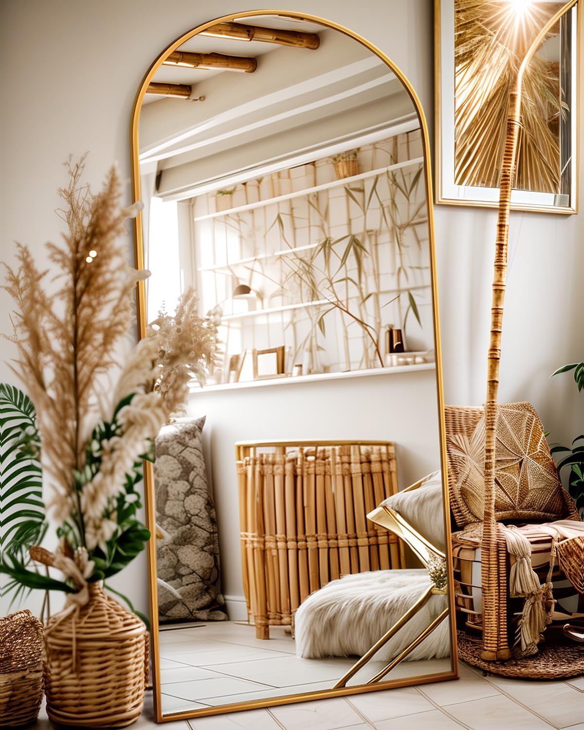 Full Length Mirror, 58"x19" Floor Mirror, Arch Floor Standing Mirror Freestanding Arch Full Body with Stand for Bedroom, Hanging Mounted for Living Room Cloakroom, Gold