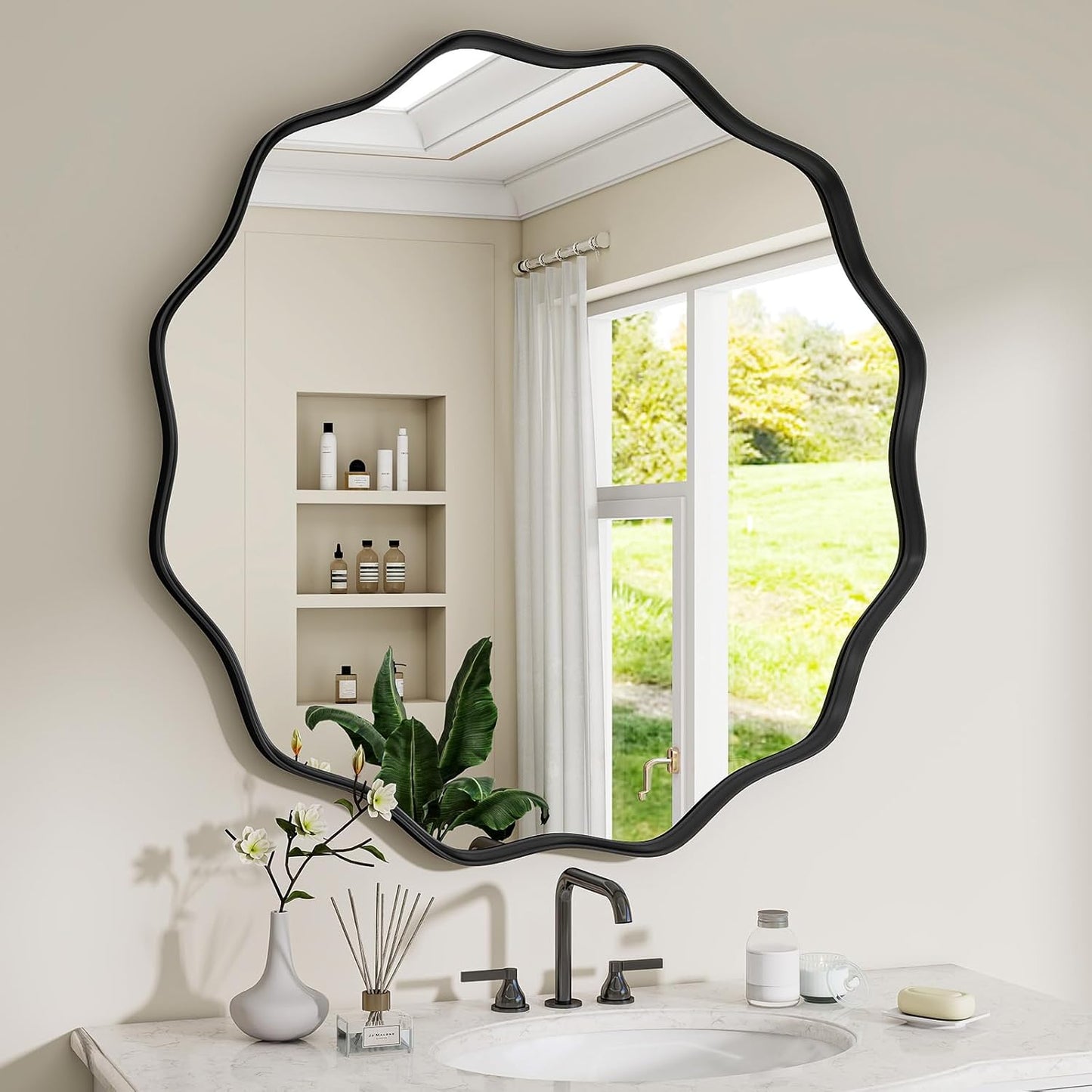 Round Wavy Mirror, 30 Inch Metal Frame Circle Mirror, Round Wall Mounted for Entryway, Bathroom, Vanity, Living Room, Black