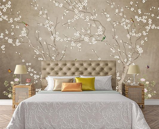 Plum Blossom Flower Bird Chinoiserie Wall Mural Wallpaper for Bedroom 103" x 69"