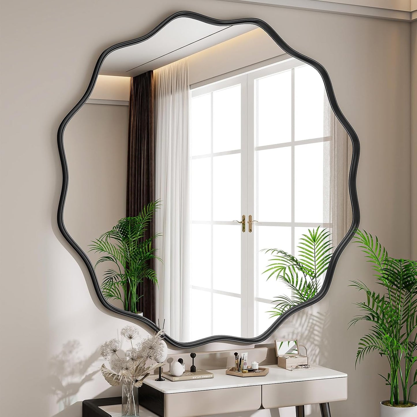 Round Wavy Mirror, 30 Inch Metal Frame Circle Mirror, Round Wall Mounted for Entryway, Bathroom, Vanity, Living Room, Black