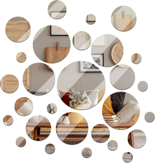 Jetec Real Glass Round Mirror Tiles Frameless Round Wall Mirrors Glass Mirror Tiles Wall-Mount Mirrors with Acrylic Double Sided Adhesive for Bedroom Bathroom Craft (28 Pcs, 1/2/3/4/5/6 Inch)