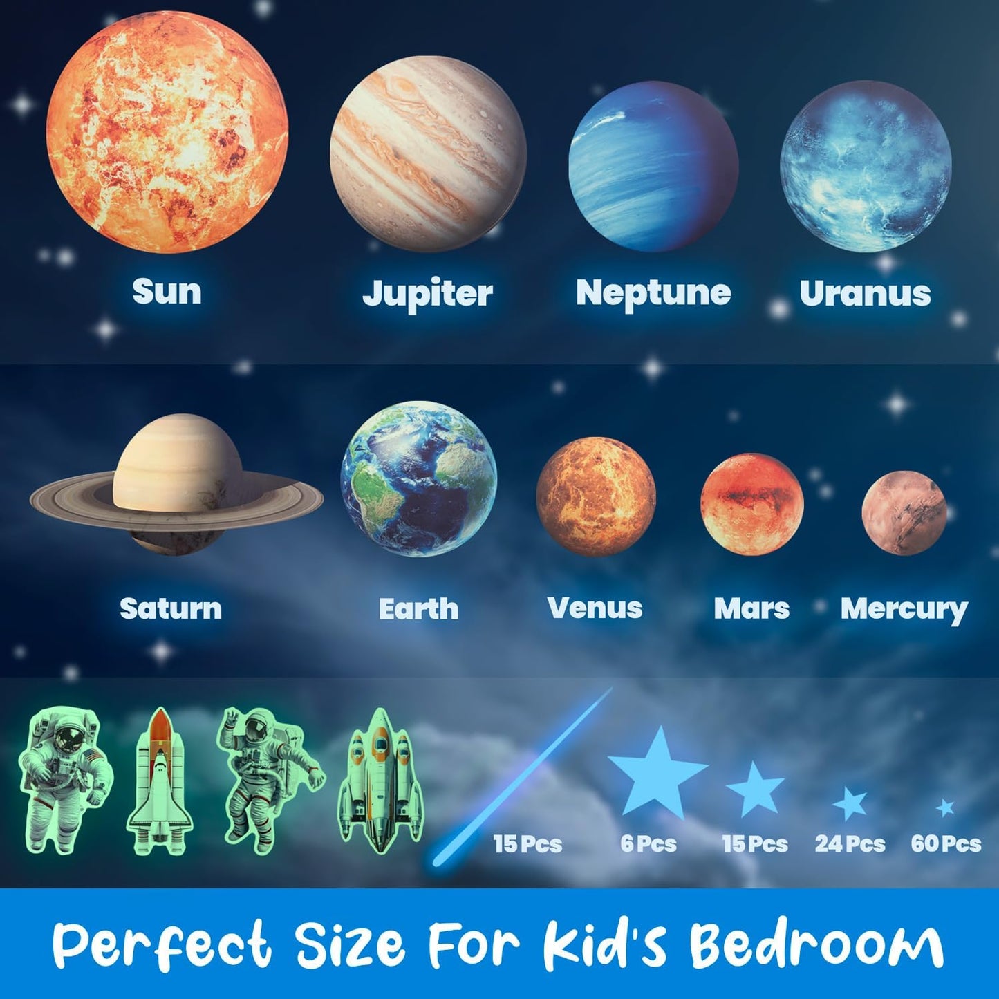 Glow in The Dark Stars and Planets, Bright Solar System Wall Stickers - USA Astronaut Spaceship, Ceiling Decals for Kids Bedroom Any Room, Shining Space Decoration, Birthday Gift for Boys and Girls