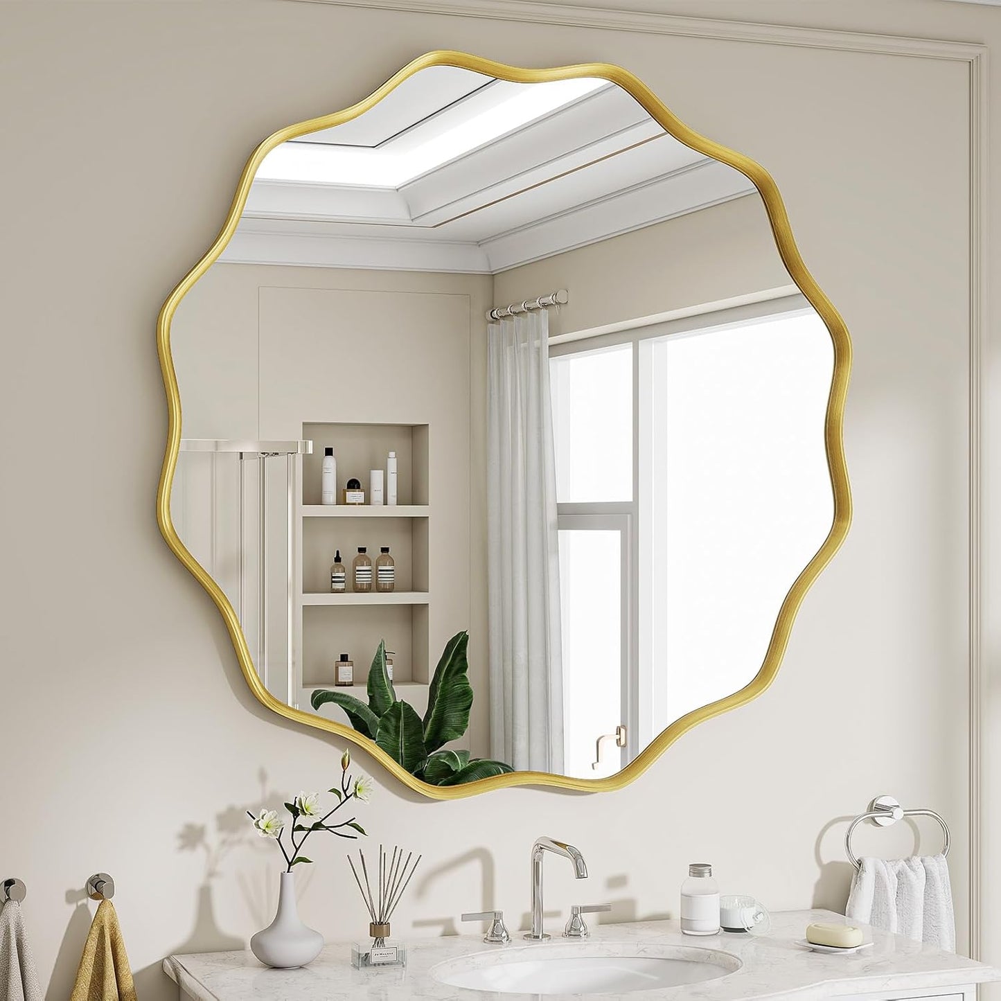 Round Wavy Mirror, 30 Inch Metal Frame Circle Mirror, Round Wall Mounted for Entryway, Bathroom, Vanity, Living Room, Black