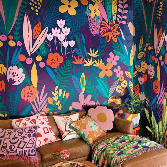 Peel and Stick Floral Wall Mural, Leather Textured Vinyl Self-Adhesive Wallpaper for Bedroom Living Room Accent Wall Decor, Urban Colorful Floral, Dark, 92''x125''