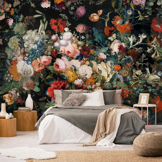 Dark Floral Wall Wallpaper Black Peel and Stick 148" W x 98" H Canvas Fabric Vintage Flower Wallpaper Self Adhesive Fabric for Room TV Background Decor Paintings Art