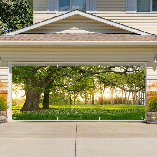 CSFOTO 7x16ft Big Tree Garage Door Banner - Spring Garden Scenery Wallpaper - Nature Park Plant Theme Outdoor Wall Decorative Mural