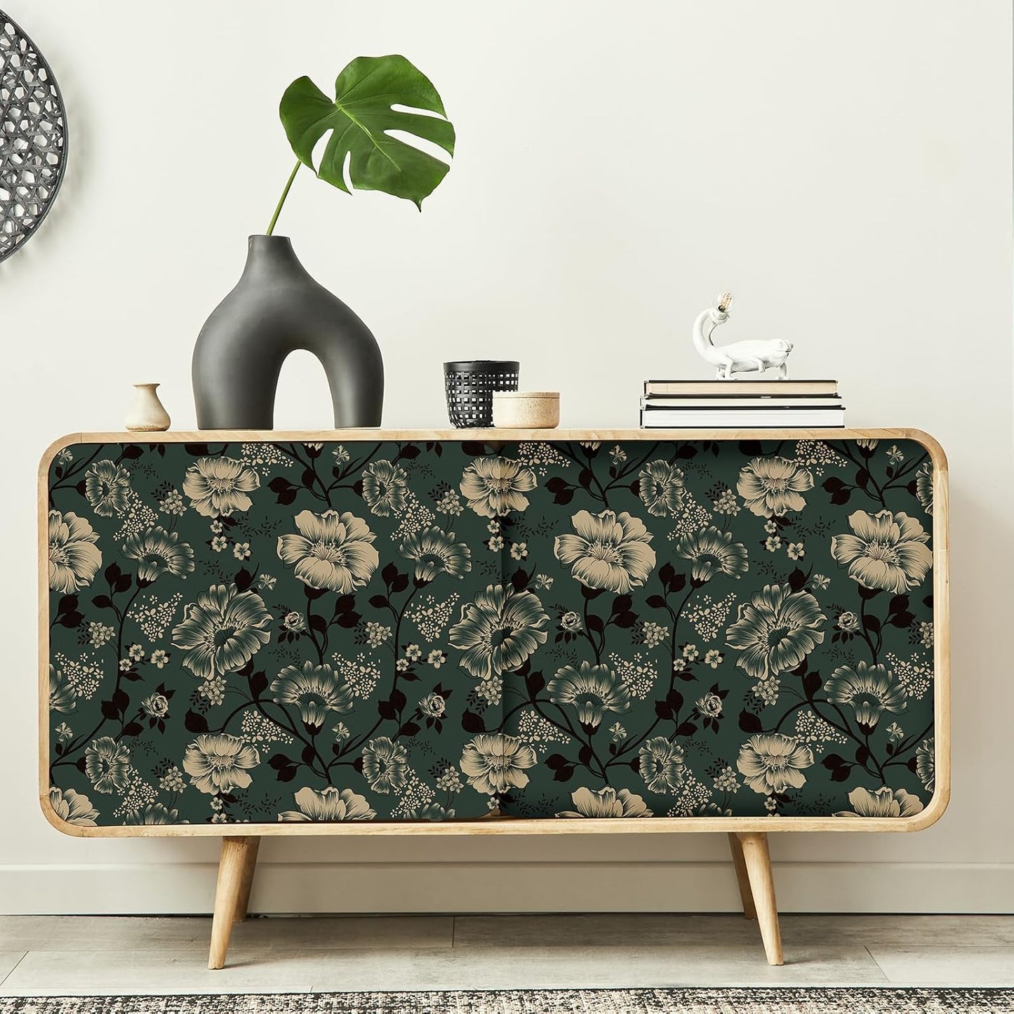VaryStyle 17.7"x393" Dark Green Floral Peel and Stick Wallpaper Vintage Green Secret Garden Flower Stick on Wall Paper Mural Waterproof Vinyl Removable Contact Paper for Shelves Drawers Living Room