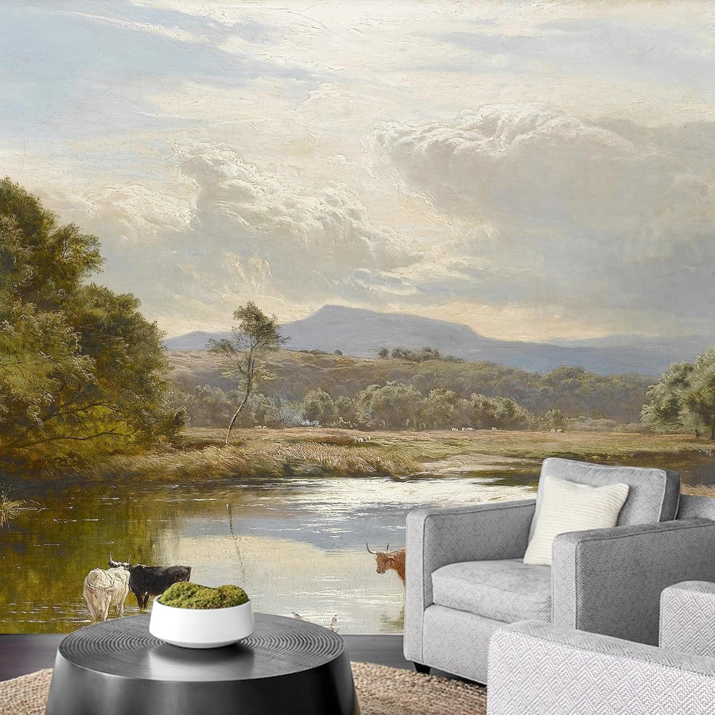 IDEA4WALL Removable Wall Sticker/Wall Mural Pastel Scenic Forest Tree Valley Nature Wilderness Illustrations Fine Art Farmhouse/Country Landscape Rustic for Living Room, Bedroom, Office - 66"x96"