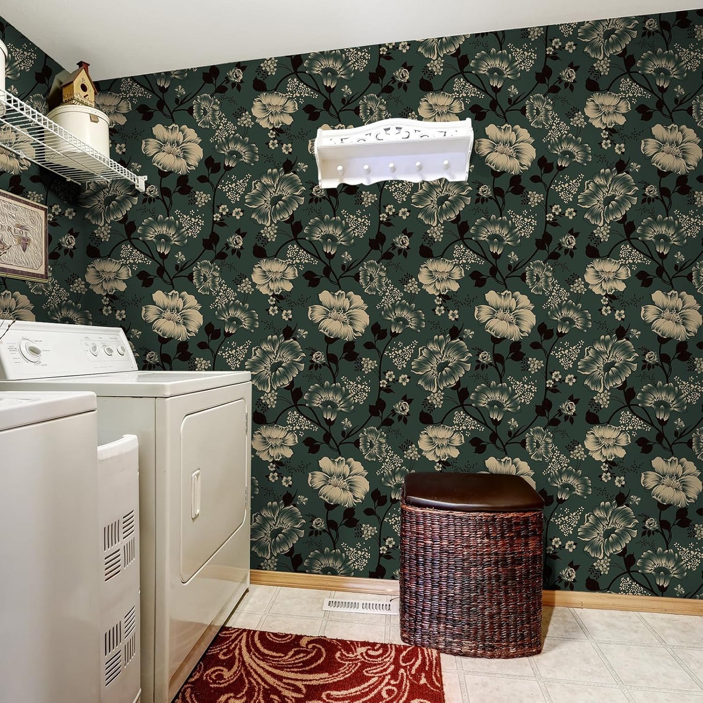 VaryStyle 17.7"x393" Dark Green Floral Peel and Stick Wallpaper Vintage Green Secret Garden Flower Stick on Wall Paper Mural Waterproof Vinyl Removable Contact Paper for Shelves Drawers Living Room
