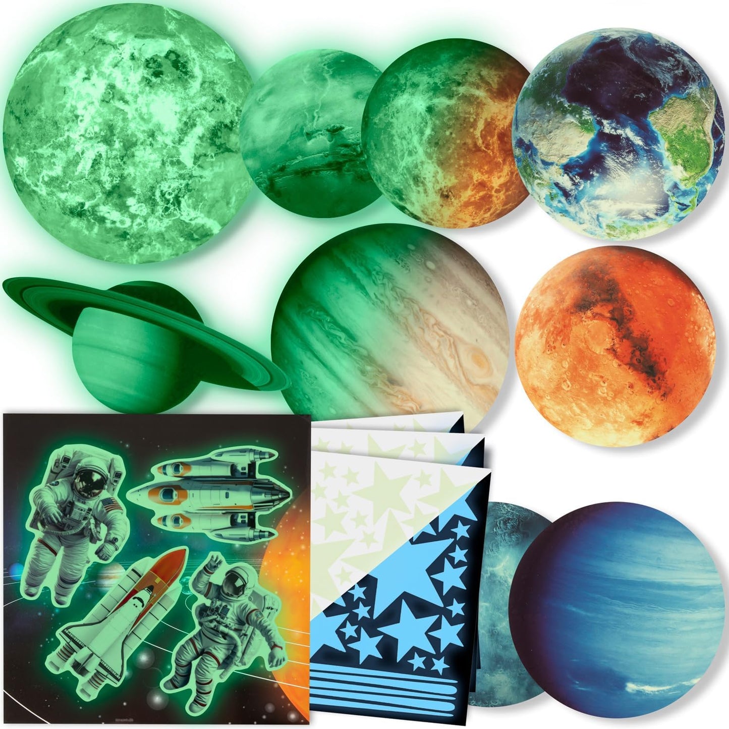 Glow in The Dark Stars and Planets, Bright Solar System Wall Stickers - USA Astronaut Spaceship, Ceiling Decals for Kids Bedroom Any Room, Shining Space Decoration, Birthday Gift for Boys and Girls