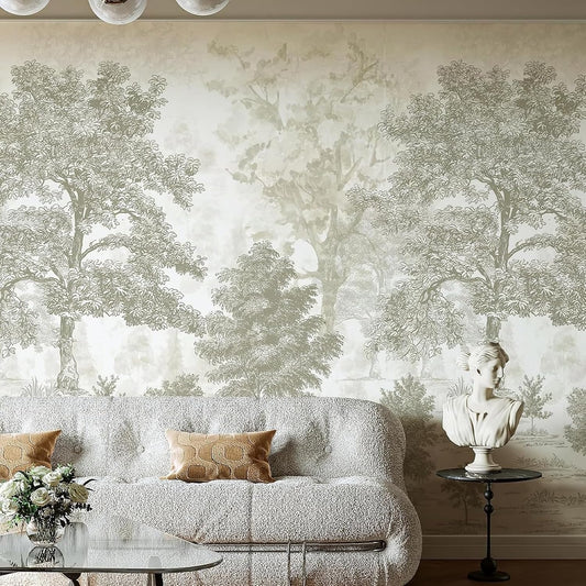 Vintage Forest Wall Mural 87" W X 110" H Peel and Stick Beige Green Tree Wall Mural Nature Landscape Wall Paper Self-Adhesive Large Wall Paintings Art Decor for Bedroom Living Room
