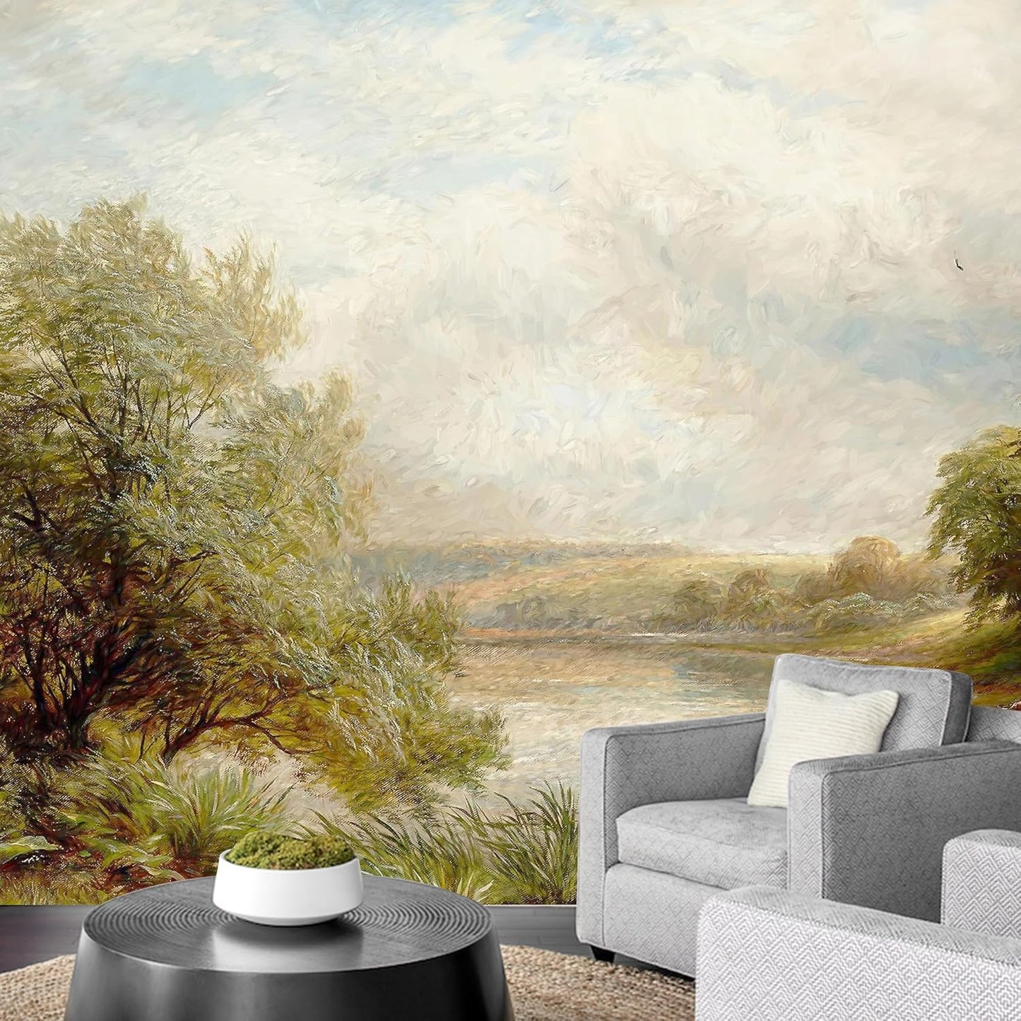 IDEA4WALL Removable Wall Sticker/Wall Mural Pastel Scenic Forest Tree Valley Nature Wilderness Illustrations Fine Art Farmhouse/Country Landscape Rustic for Living Room, Bedroom, Office - 66"x96"