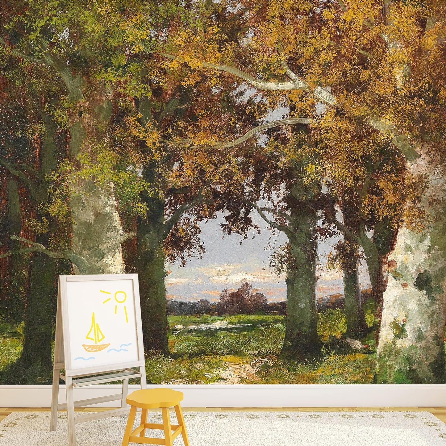 IDEA4WALL Removable Wall Sticker/Wall Mural Pastel Scenic Forest Tree Valley Nature Wilderness Illustrations Fine Art Farmhouse/Country Landscape Rustic for Living Room, Bedroom, Office - 66"x96"